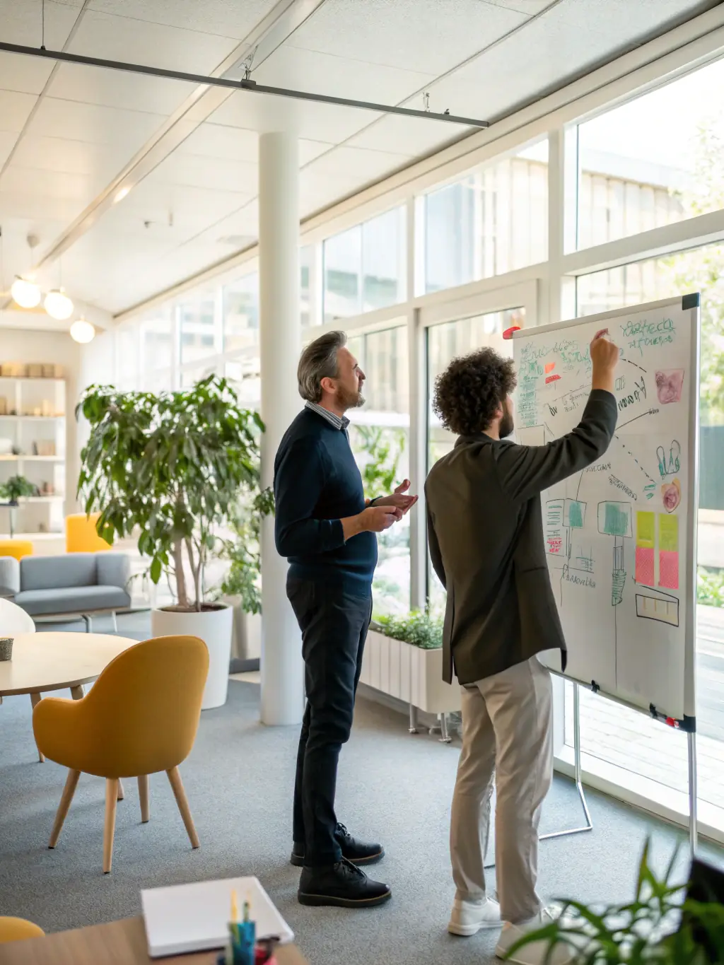 A Nuovorre consultant is meeting with a client in a modern office setting, discussing website goals and requirements, with a whiteboard displaying initial website structure sketches.