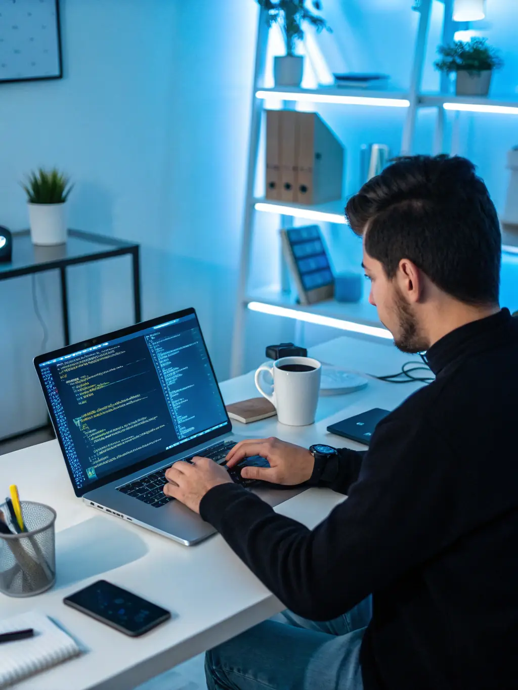 A Nuovorre developer is coding a website, with lines of code visible on the screen, showcasing the technical expertise and attention to detail in the development process.