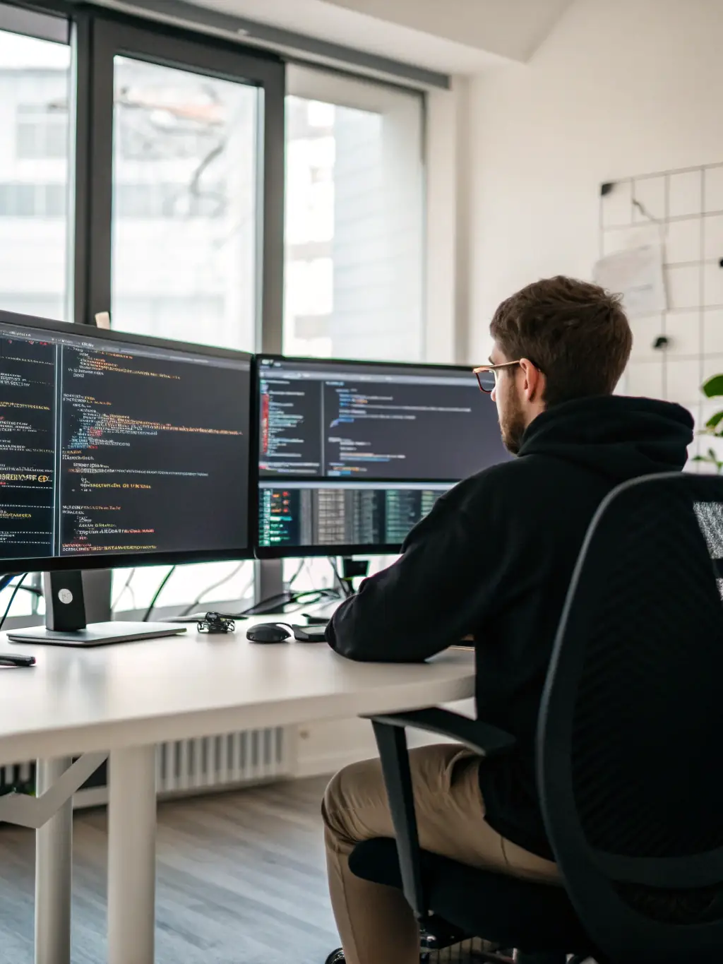 A developer writing clean, efficient code on a multi-monitor setup, illustrating the development phase of a web development project.