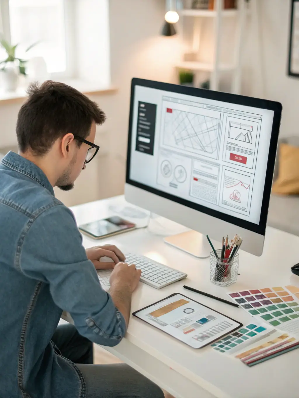 A designer working on a Figma interface with colorful wireframes and user flow diagrams, showcasing Nuovorre's UI/UX Design expertise.