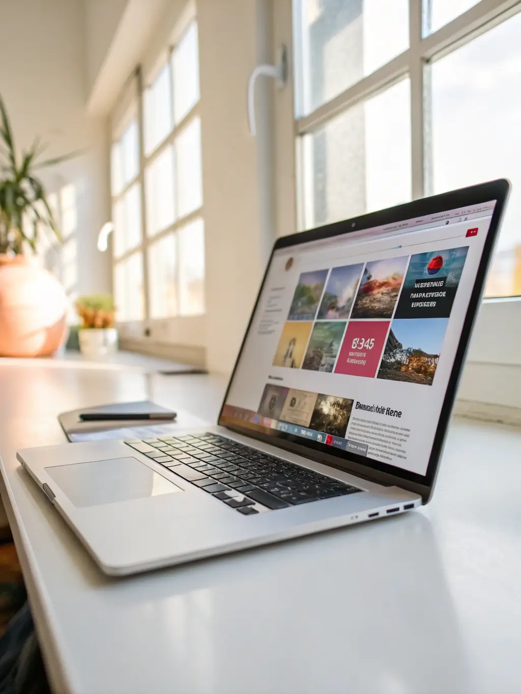 A sleek laptop displaying a modern, responsive website interface with code snippets in the background, representing Nuovorre's Custom Web Development service.