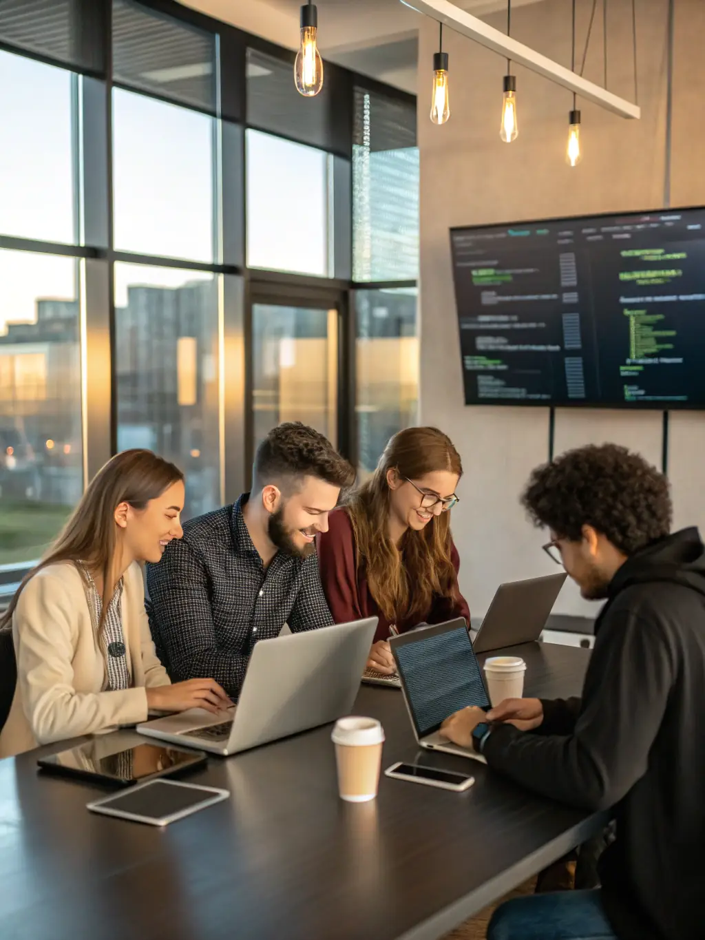 A diverse team of web developers collaborating on a complex coding project, symbolizing Nuovorre's collaborative and expert approach to web solutions.