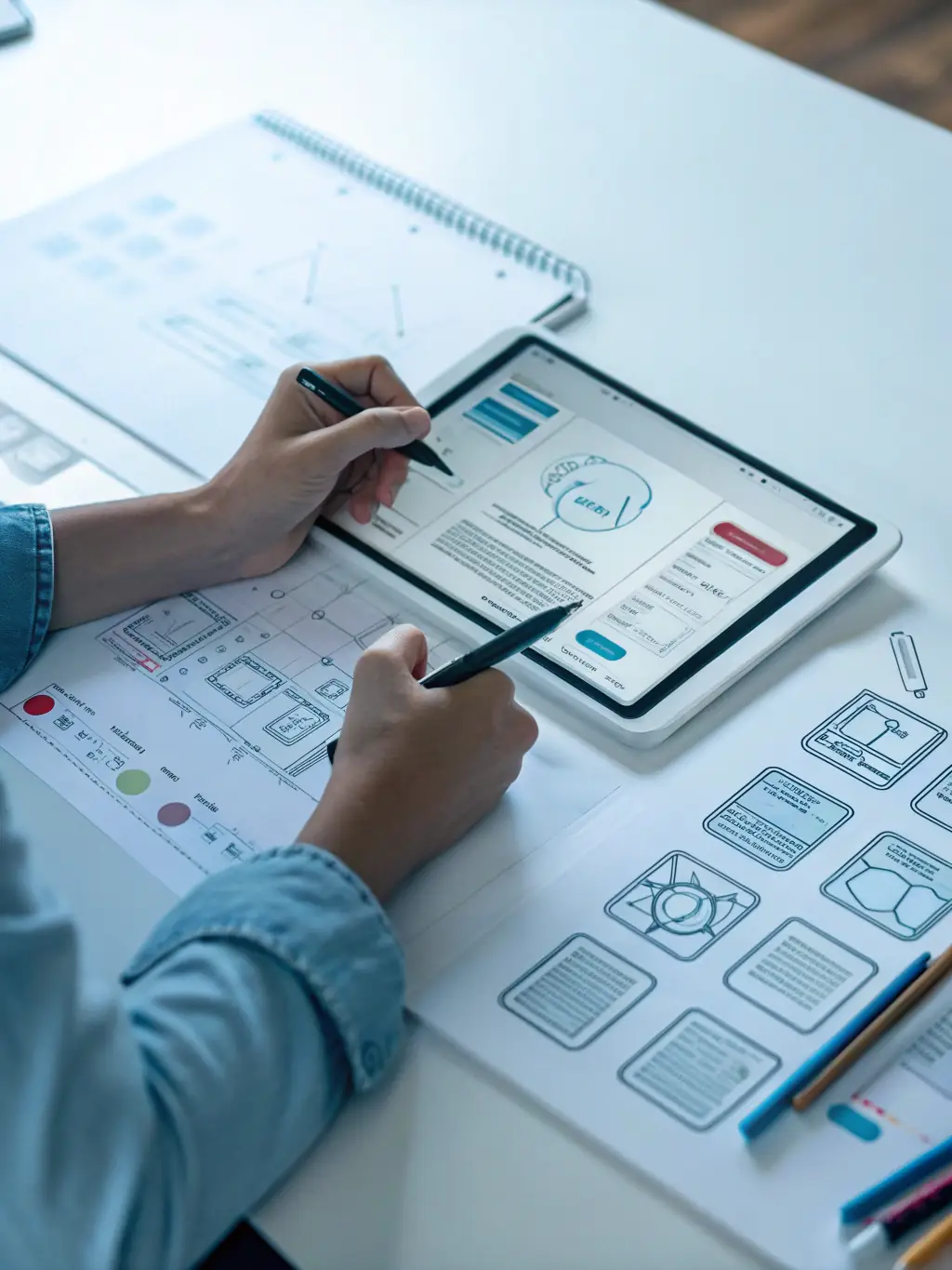 A close-up of a UI/UX designer meticulously crafting wireframes and mockups on a large monitor, showcasing the design phase of a web development project.