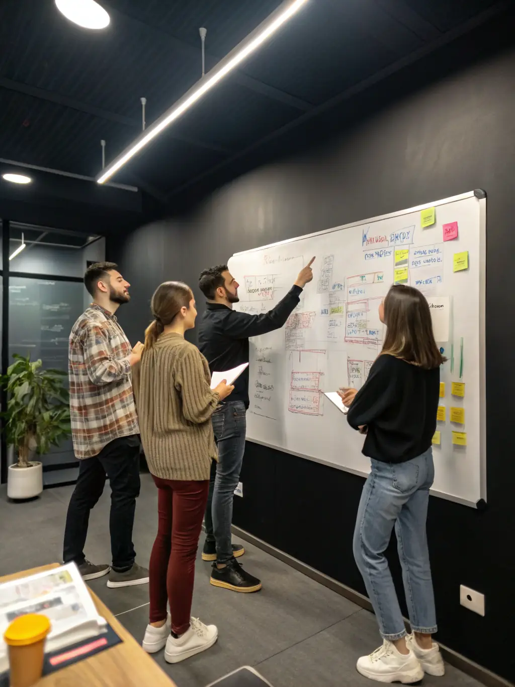 A high-angle shot of a diverse team of web developers brainstorming around a whiteboard covered in sticky notes and flowcharts, representing the initial discovery phase of a web development project.
