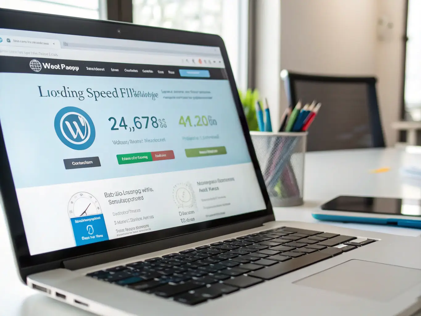 A laptop displaying a website loading quickly, showcasing Nuovorre's commitment to fast website speeds, with a speedometer graphic overlay.